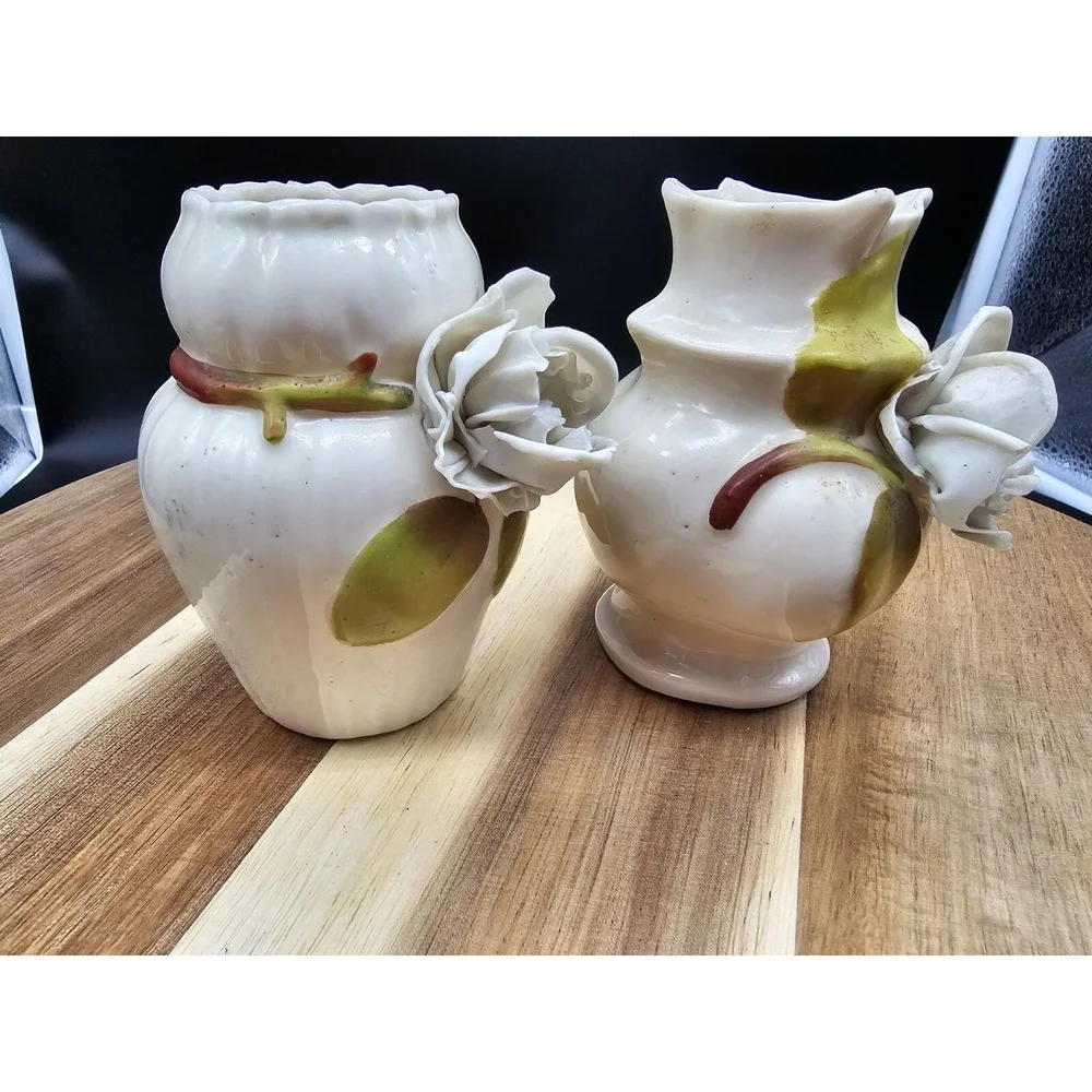 Pair Of French Barbotine‎ Majolica Vases READ DESCRIPTION